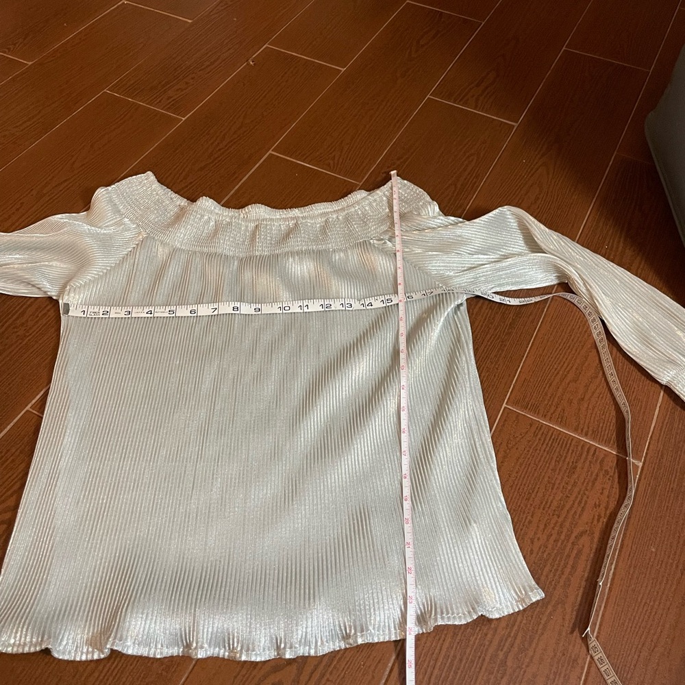 Anthropologie Lulumari shimmer silver elastic on off shoulder pleat blouse sz LG - Picture 9 of 15